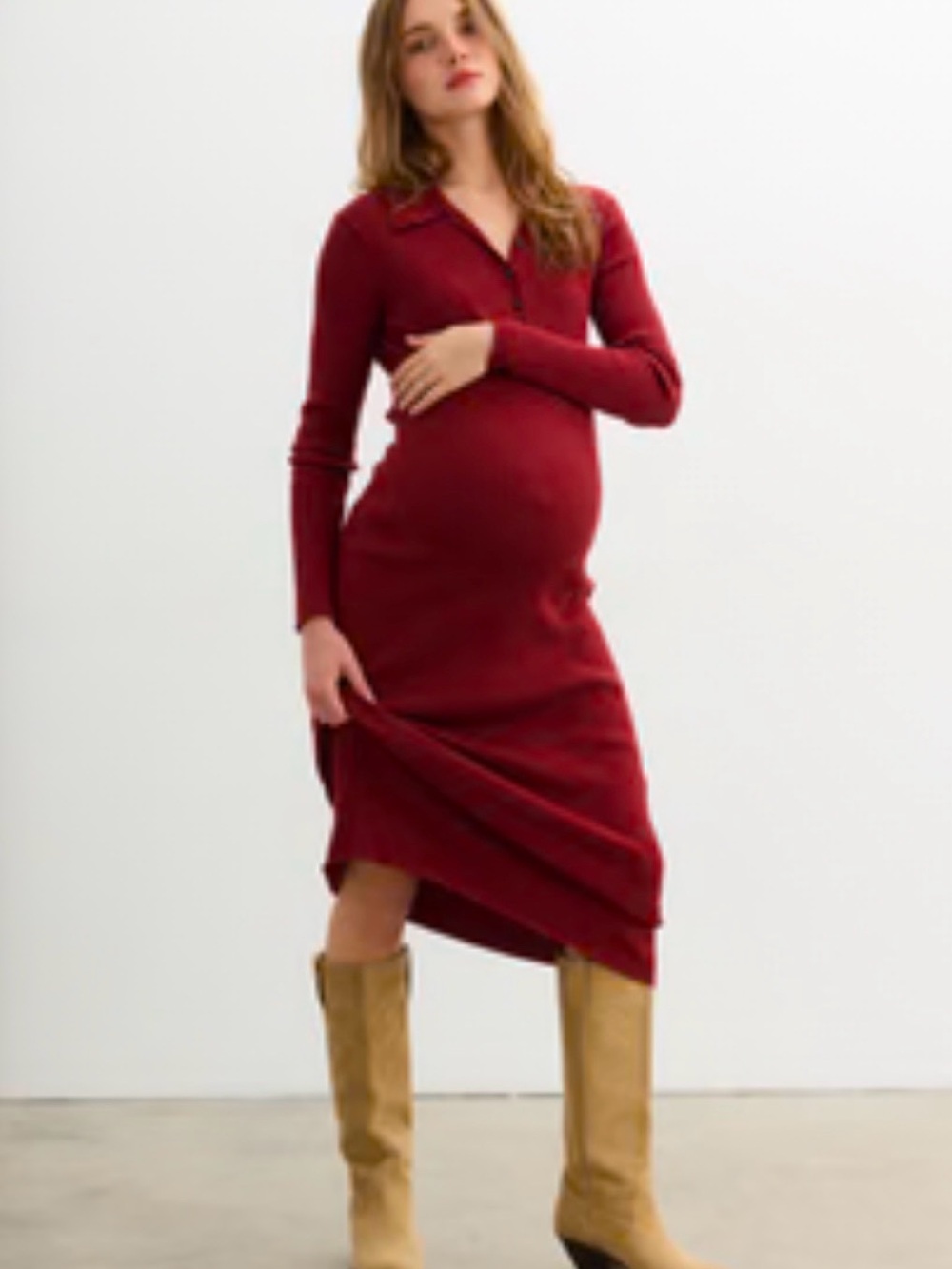 Hatch Averie Polo Rib Sweater Maternity Dress in Cranberry